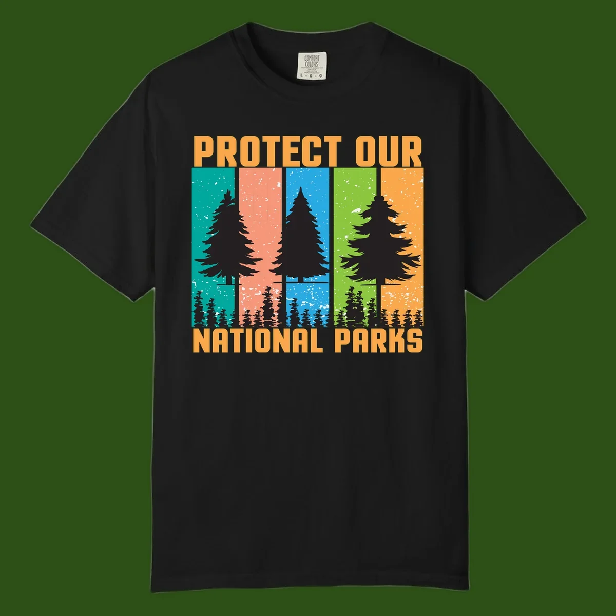 Illustration of tall evergreen tree with forest below across four seasonal colored panels with 'Protect Our National Parks' text.