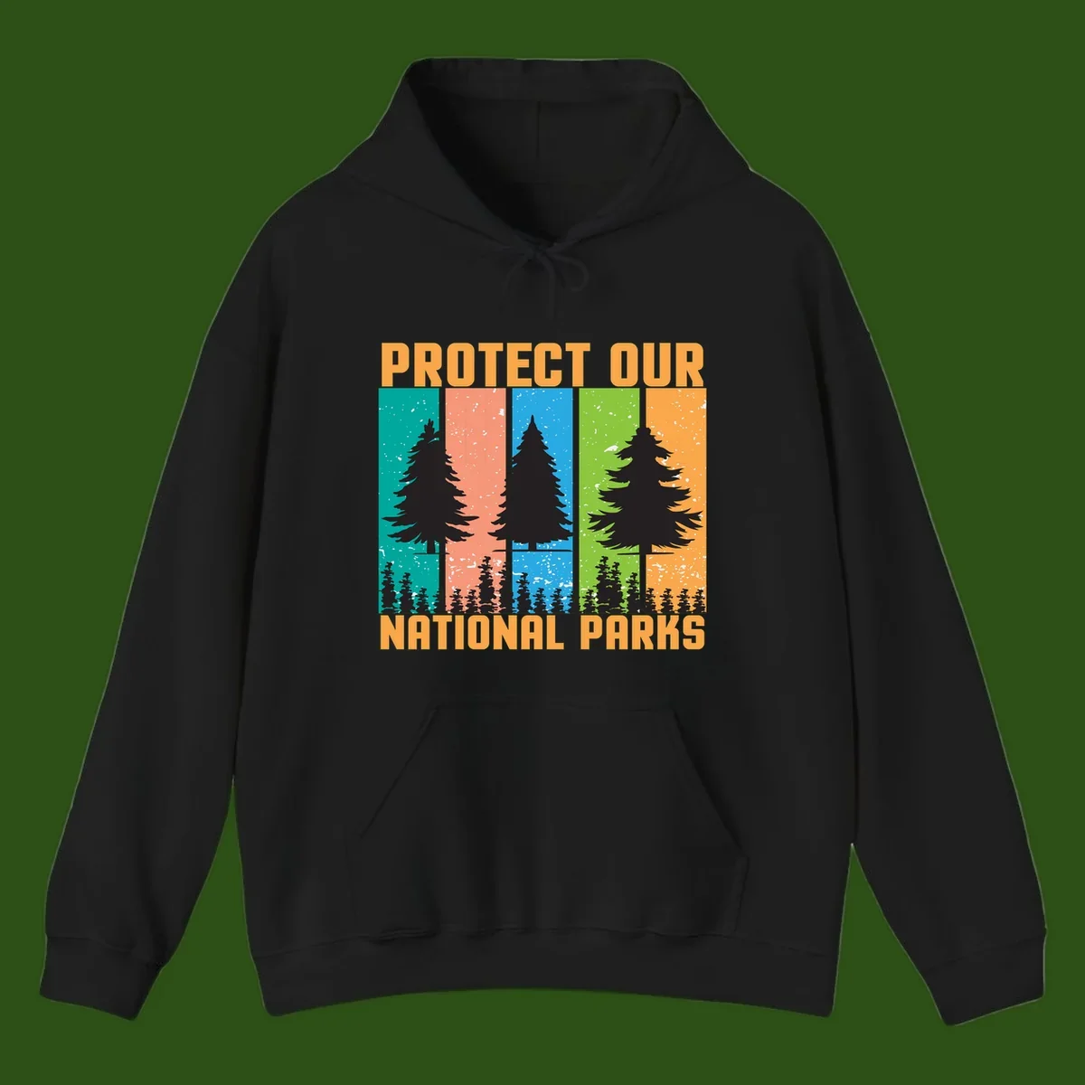 Illustration of tall evergreen tree with forest below across four seasonal colored panels with 'Protect Our National Parks' text.