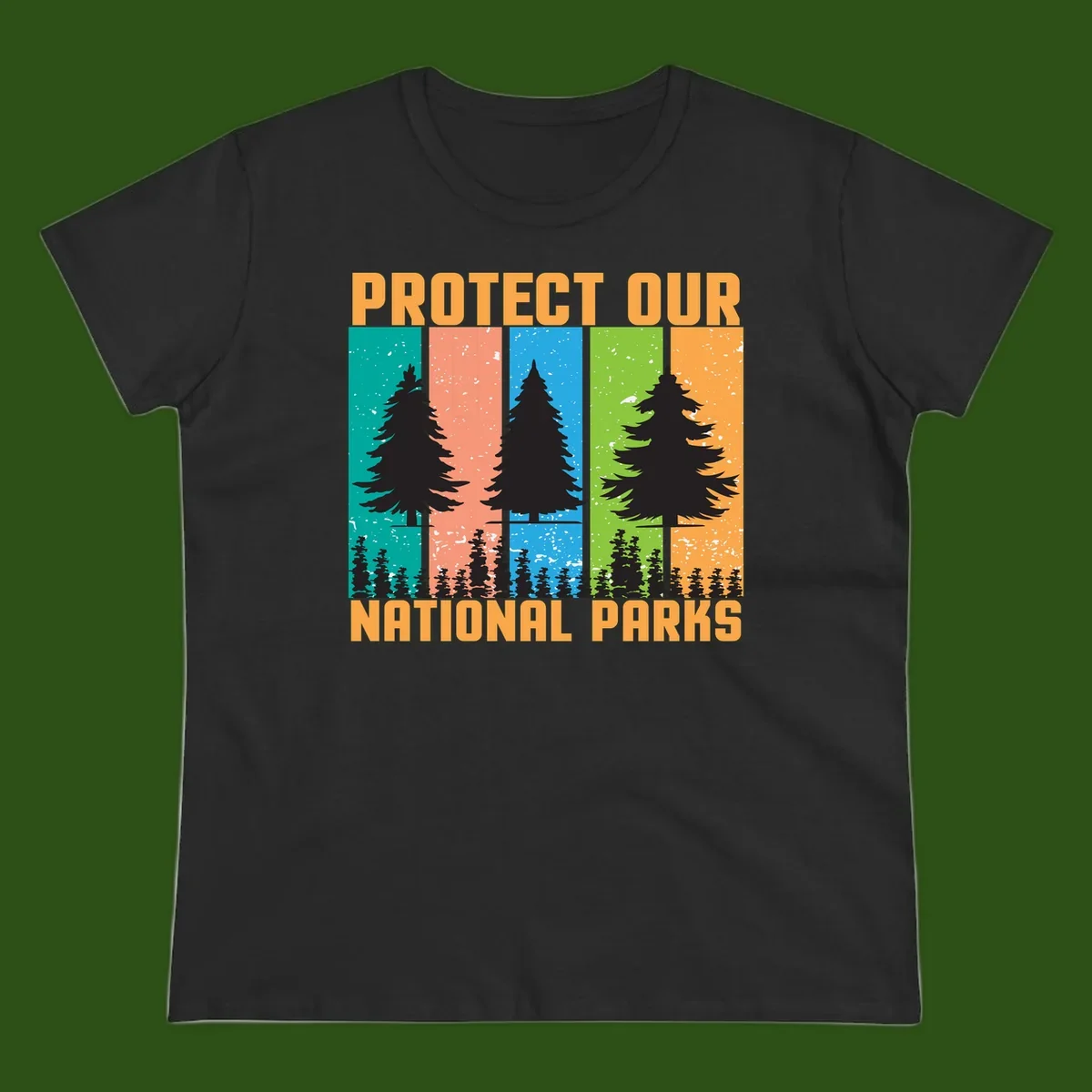 Illustration of tall evergreen tree with forest below across four seasonal colored panels with 'Protect Our National Parks' text.