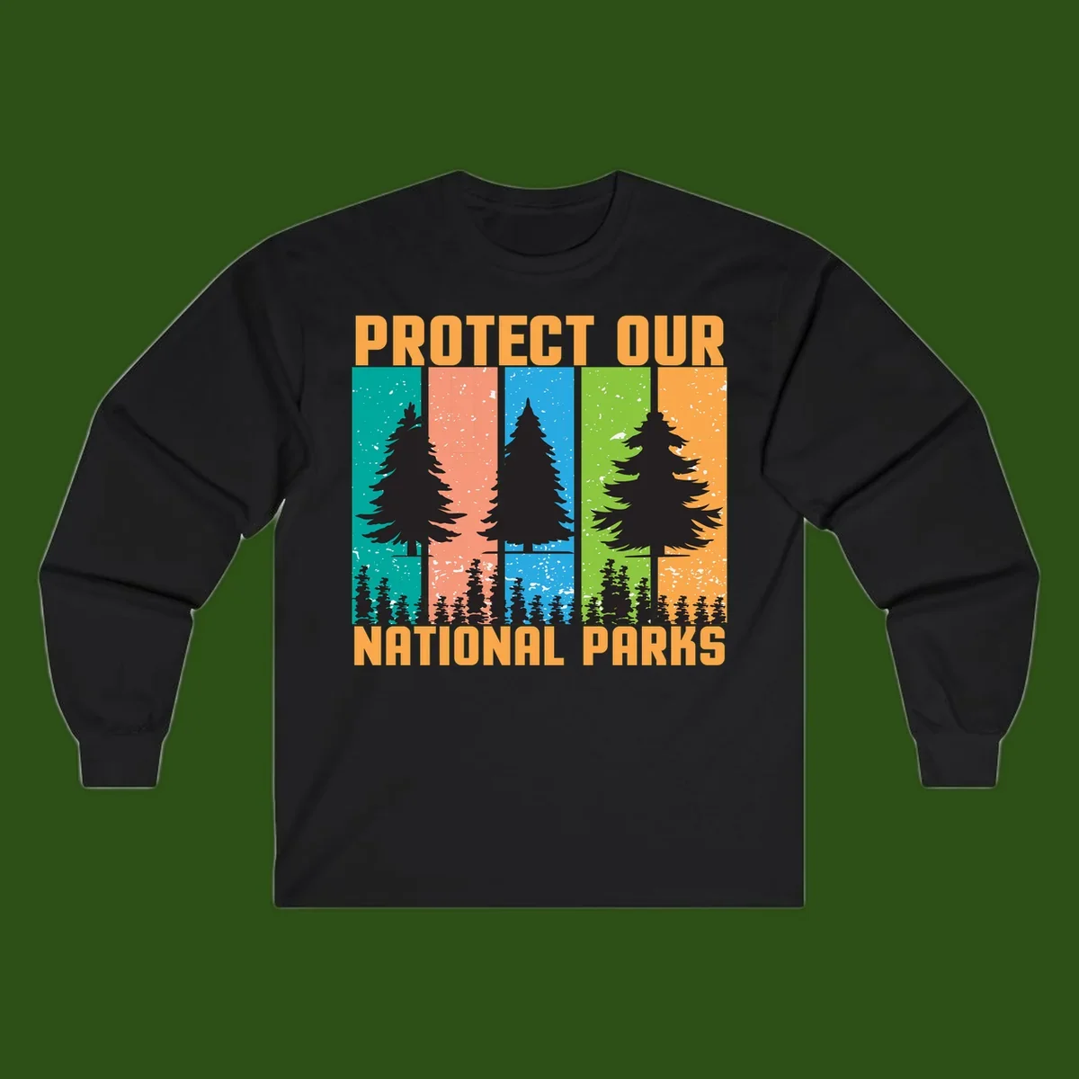 Illustration of tall evergreen tree with forest below across four seasonal colored panels with 'Protect Our National Parks' text.