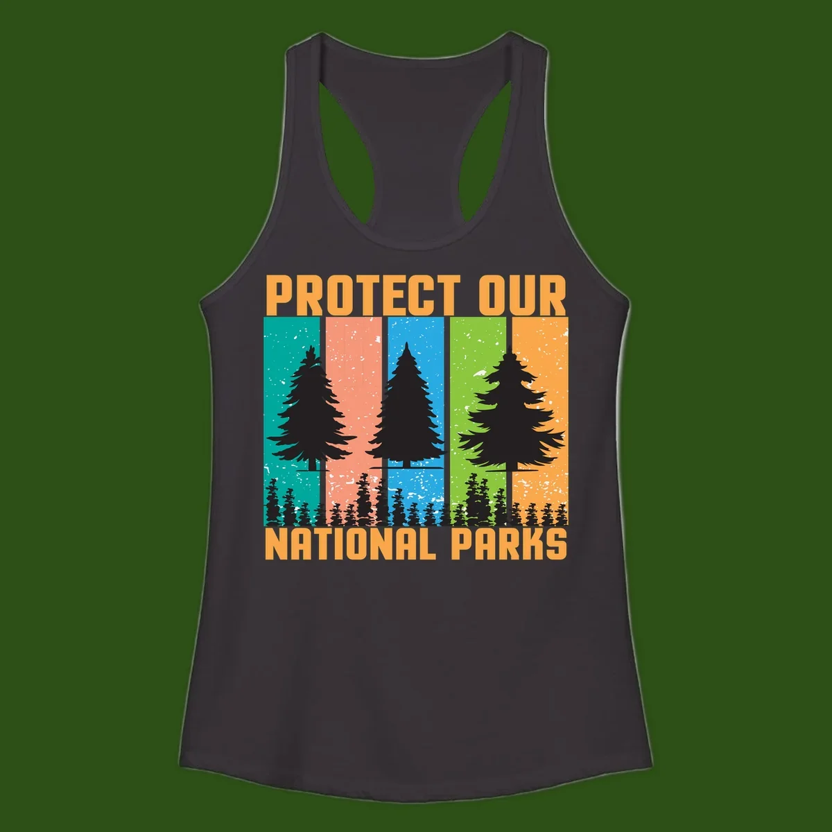 Illustration of tall evergreen tree with forest below across four seasonal colored panels with 'Protect Our National Parks' text.