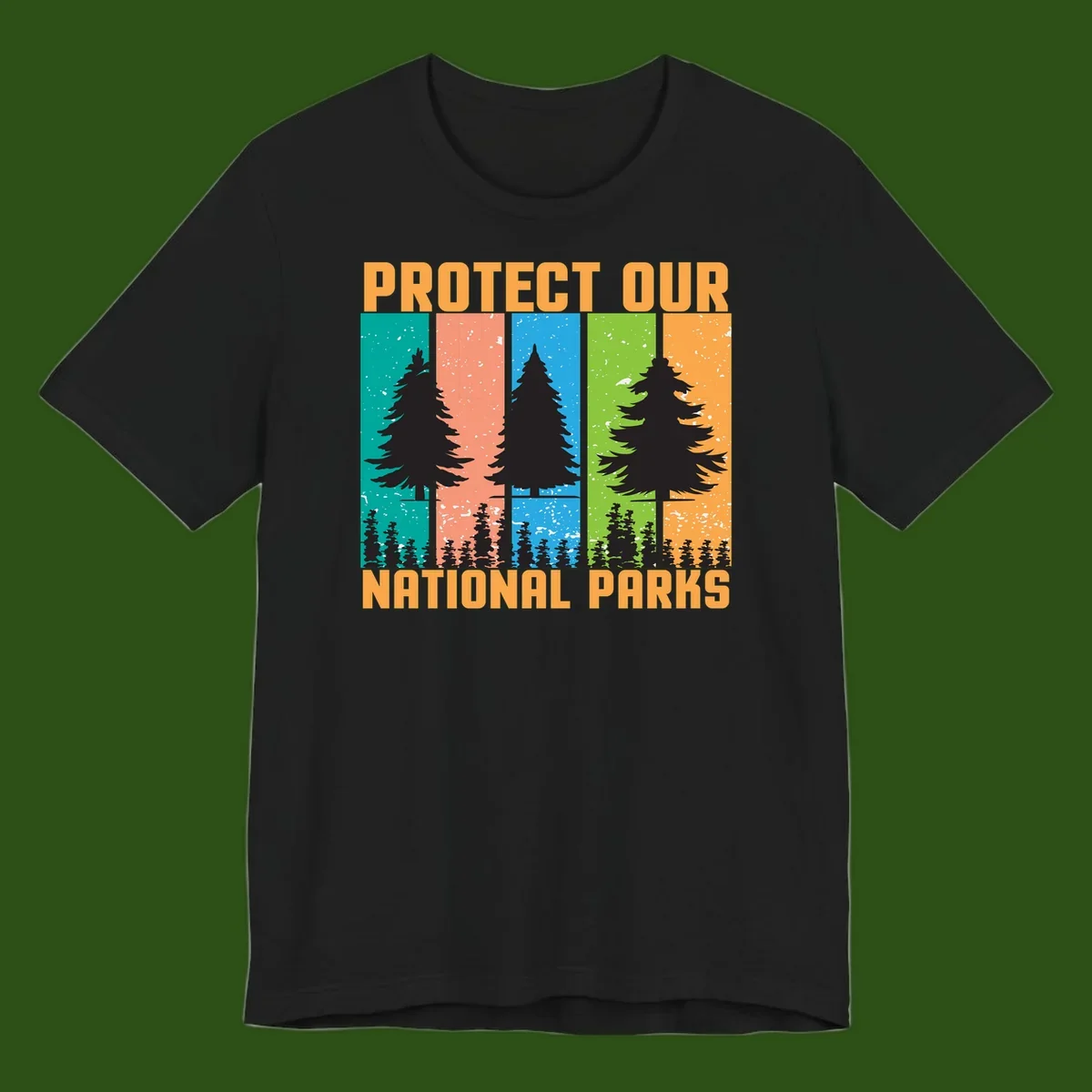 Illustration of tall evergreen tree with forest below across four seasonal colored panels with 'Protect Our National Parks' text.