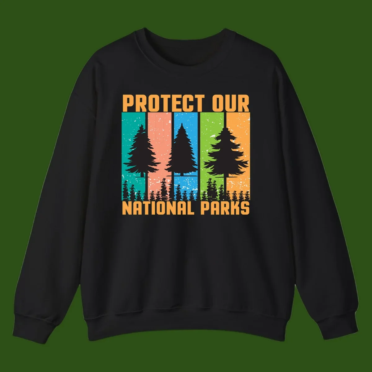 Illustration of tall evergreen tree with forest below across four seasonal colored panels with 'Protect Our National Parks' text.