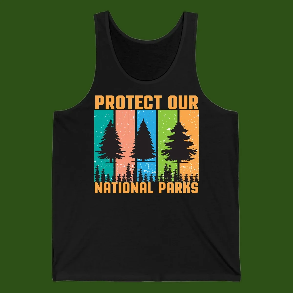 Illustration of tall evergreen tree with forest below across four seasonal colored panels with 'Protect Our National Parks' text.