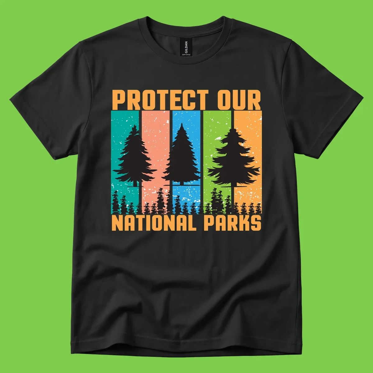 Illustration of tall evergreen tree with forest below across four seasonal colored panels with 'Protect Our National Parks' text.