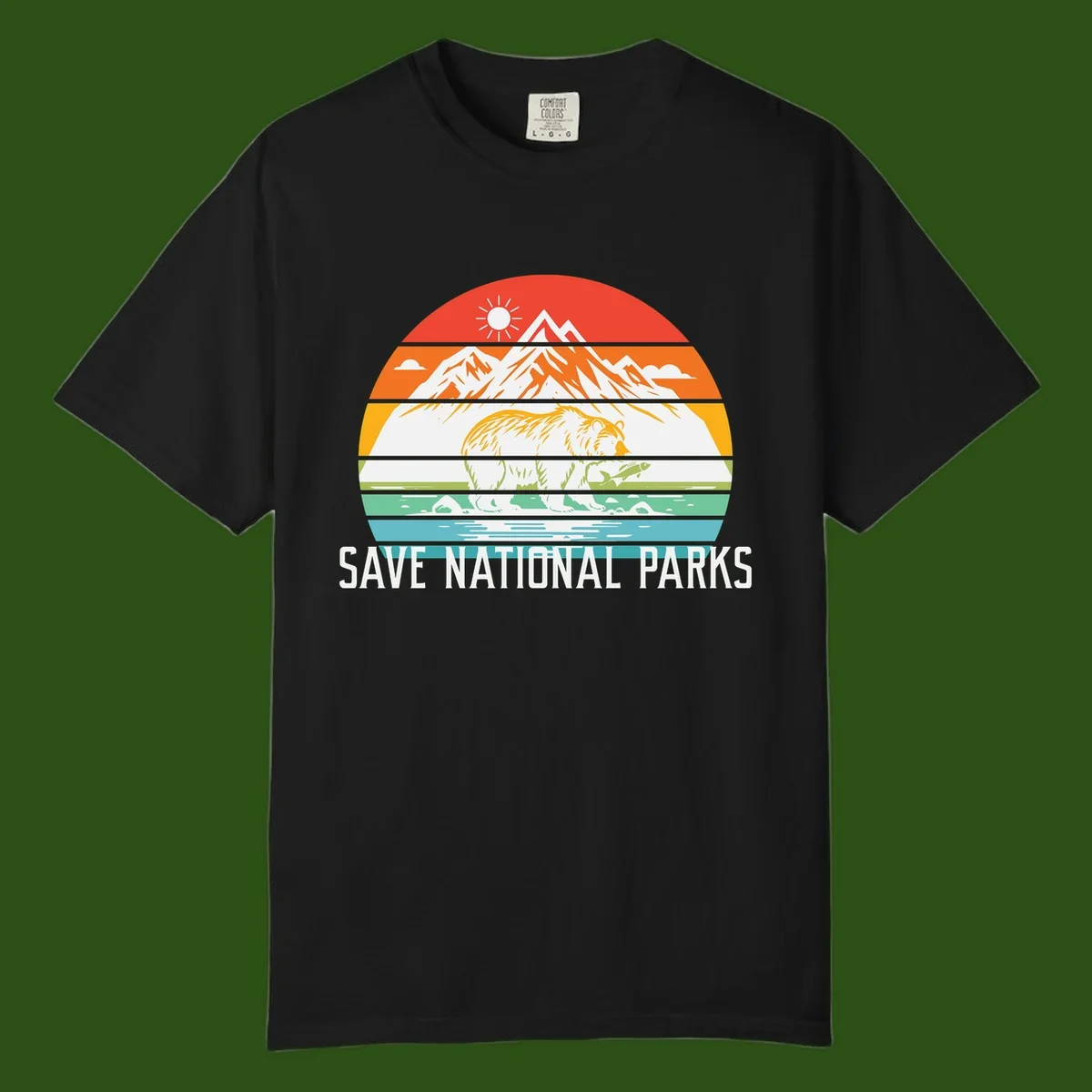 Colorful striped landscape showing mountains, wildlife, and water with 'Save National Parks' text promoting conservation awareness.