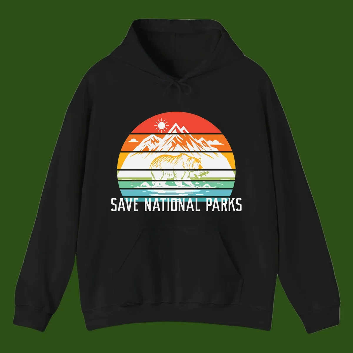 Colorful striped landscape showing mountains, wildlife, and water with 'Save National Parks' text promoting conservation awareness.