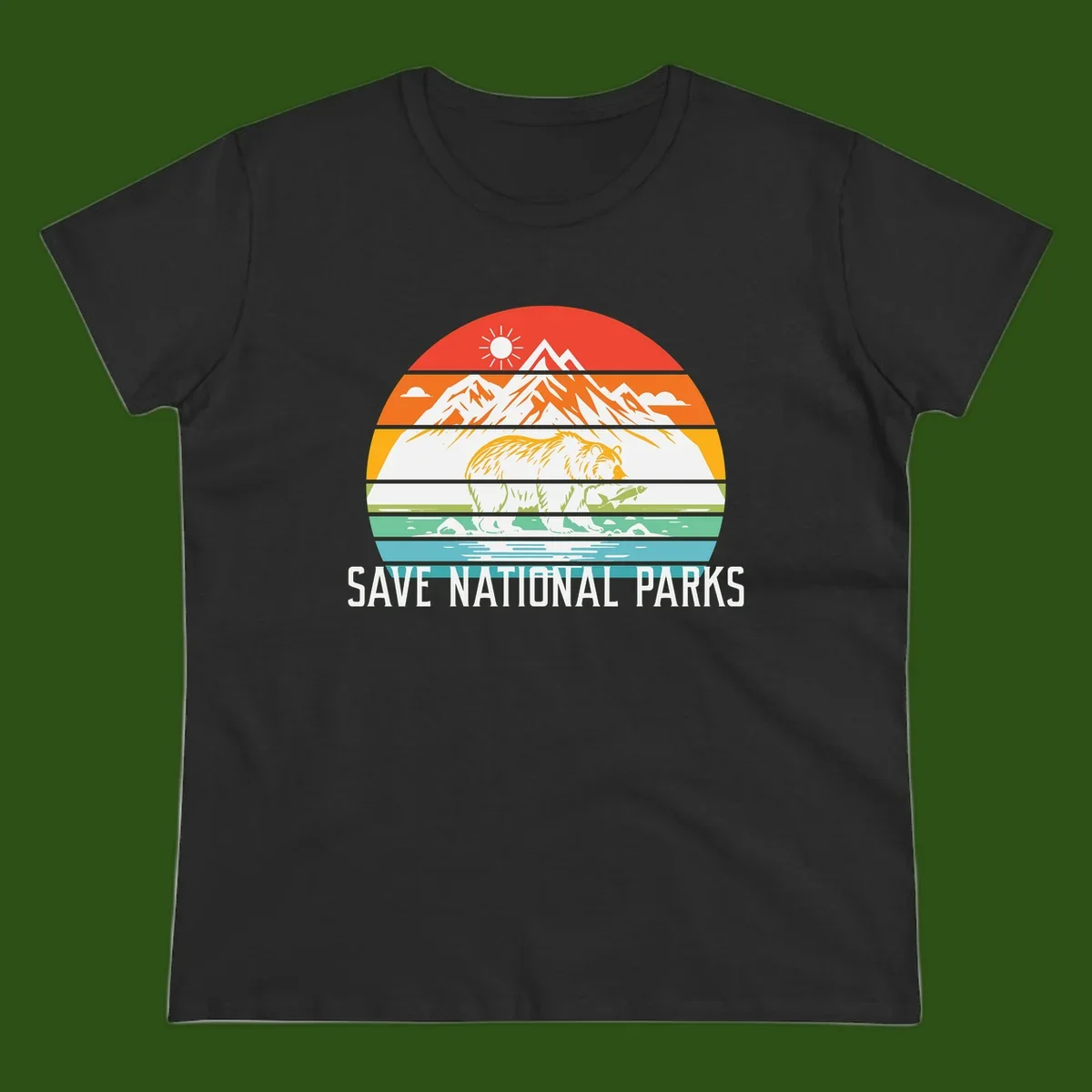 Colorful striped landscape showing mountains, wildlife, and water with 'Save National Parks' text promoting conservation awareness.