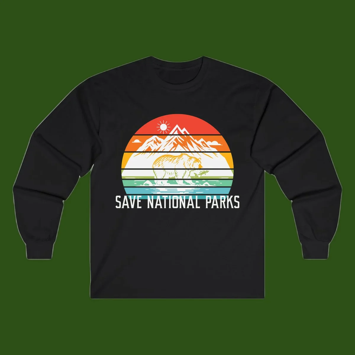 Colorful striped landscape showing mountains, wildlife, and water with 'Save National Parks' text promoting conservation awareness.