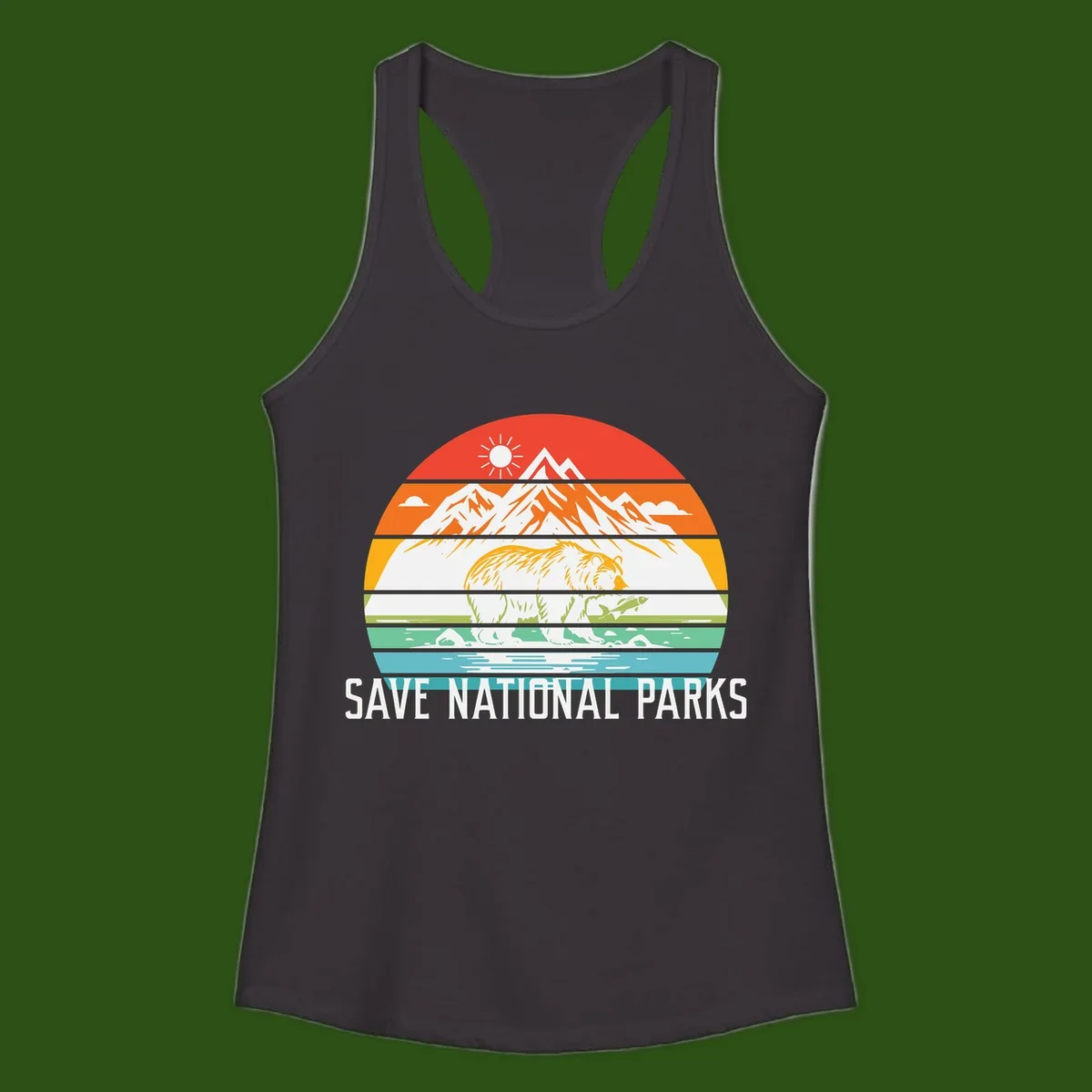 Colorful striped landscape showing mountains, wildlife, and water with 'Save National Parks' text promoting conservation awareness.