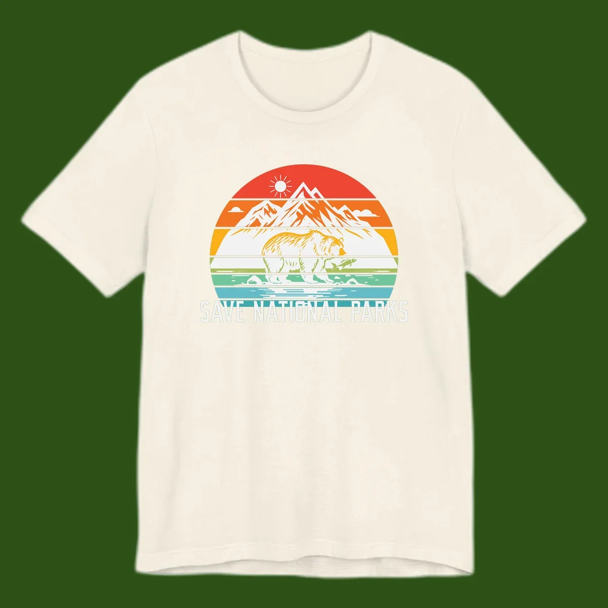 Colorful striped landscape showing mountains, wildlife, and water with 'Save National Parks' text promoting conservation awareness.