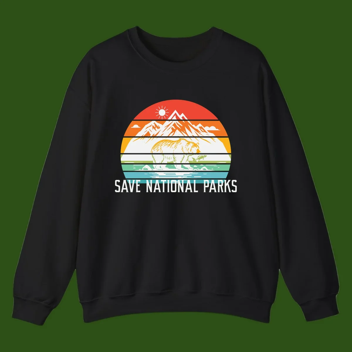 Colorful striped landscape showing mountains, wildlife, and water with 'Save National Parks' text promoting conservation awareness.