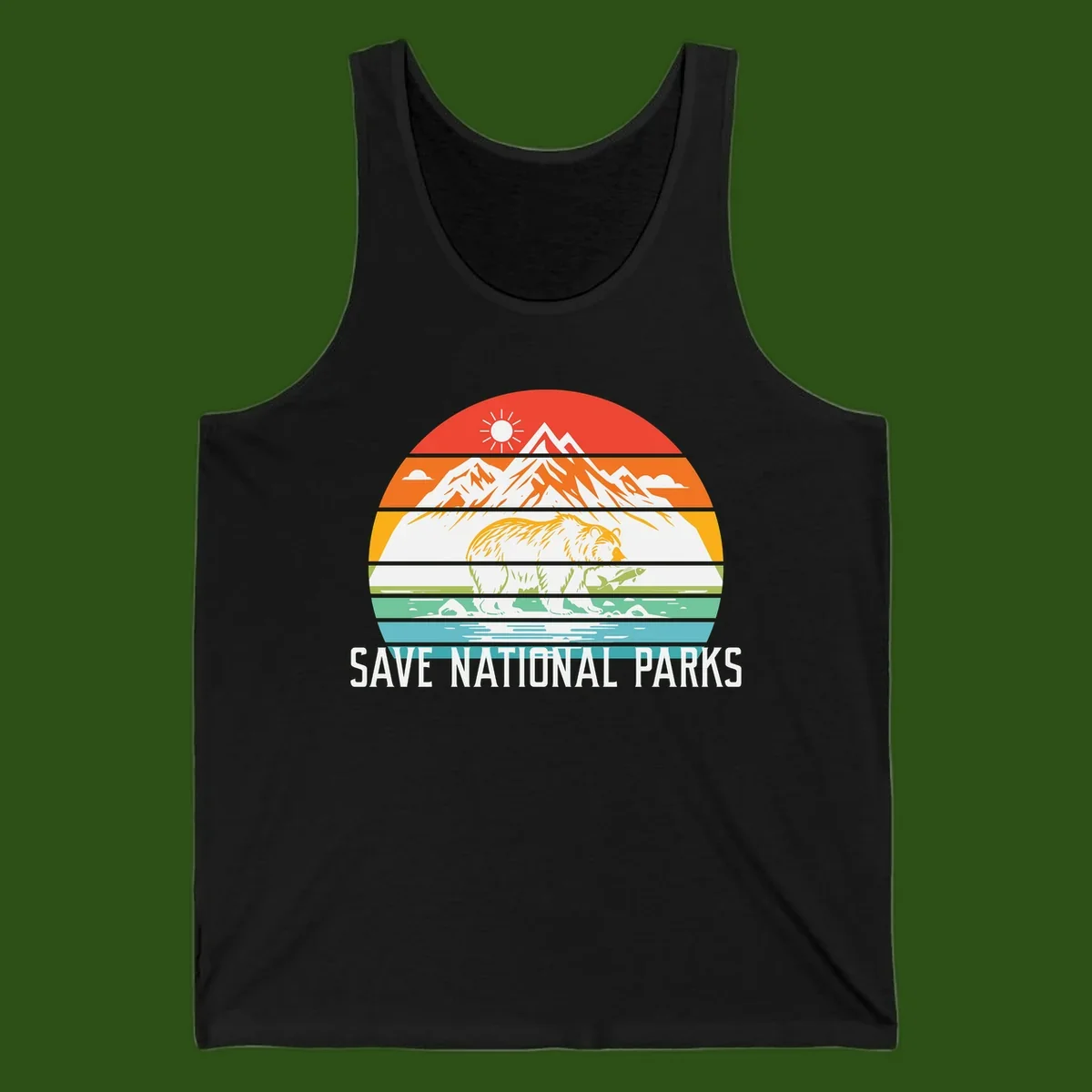 Colorful striped landscape showing mountains, wildlife, and water with 'Save National Parks' text promoting conservation awareness.