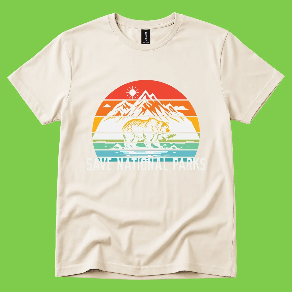 Colorful striped landscape showing mountains, wildlife, and water with 'Save National Parks' text promoting conservation awareness.