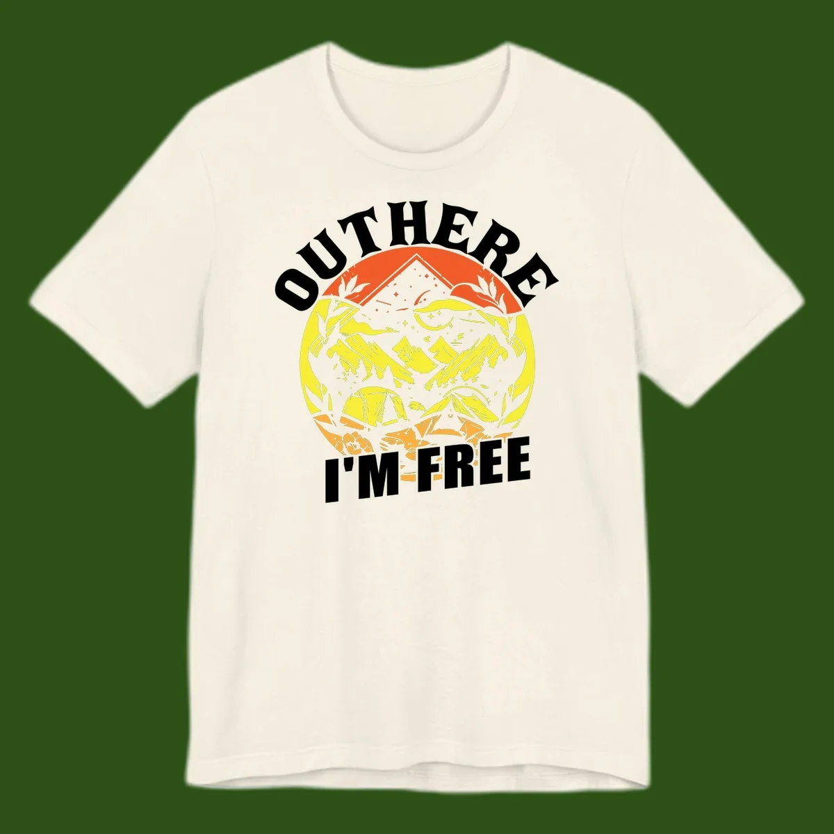 Outer I'm Free camping design with mountain peak, tent, campfire, trees and stars in vintage style illustration