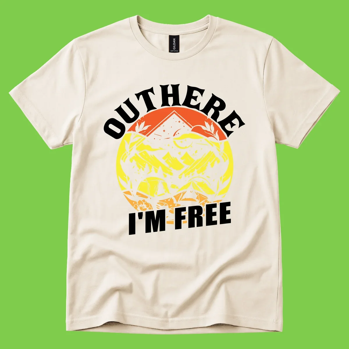 Outer I'm Free camping design with mountain peak, tent, campfire, trees and stars in vintage style illustration