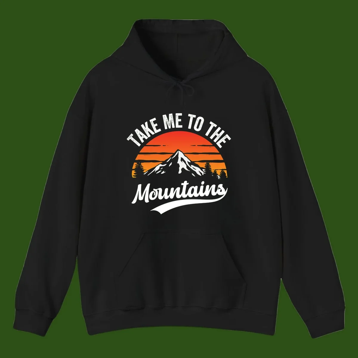 Vintage-style illustration of snow-capped mountain with sunset stripes and evergreen trees, text reading 'Take Me To The Mountains'