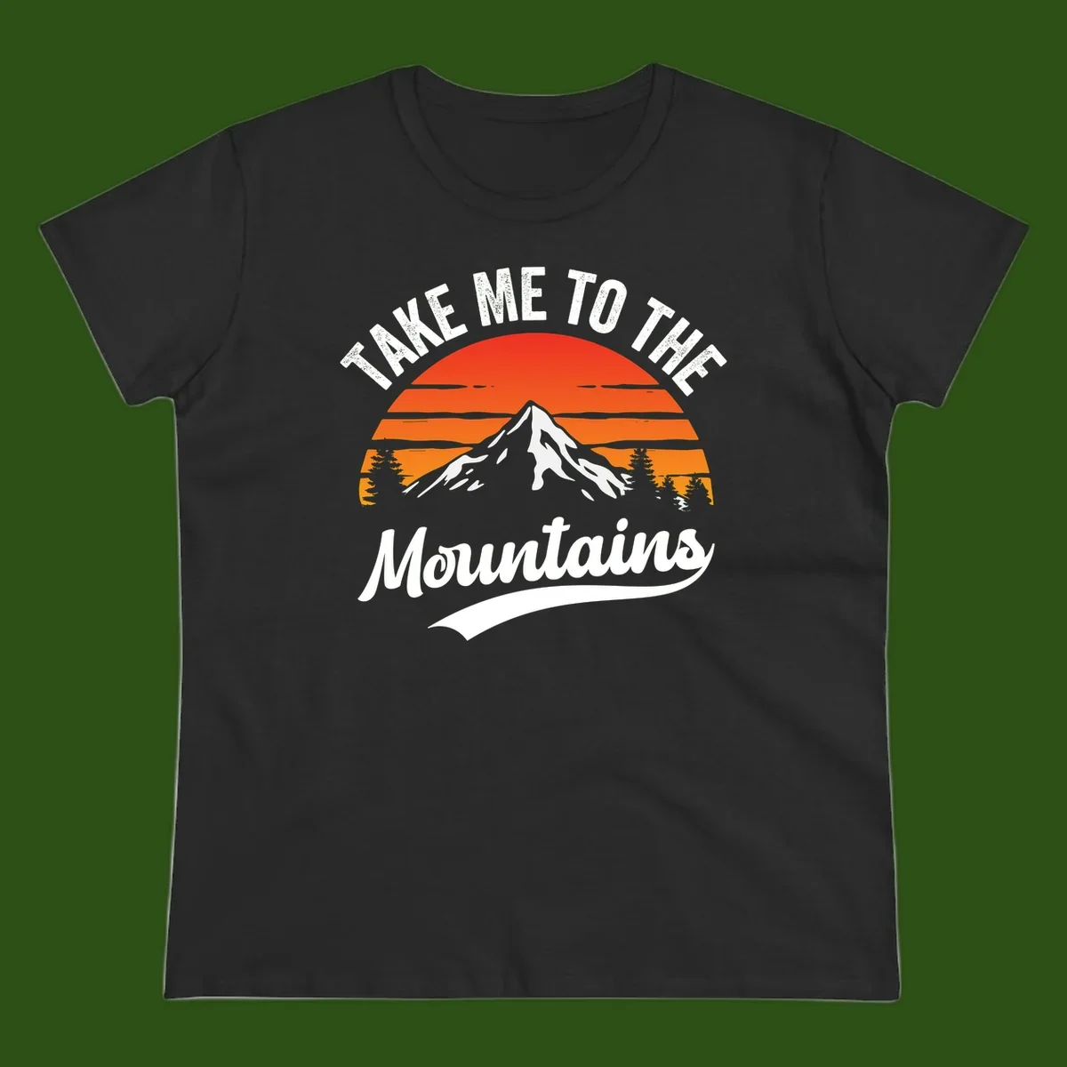 Vintage-style illustration of snow-capped mountain with sunset stripes and evergreen trees, text reading 'Take Me To The Mountains'