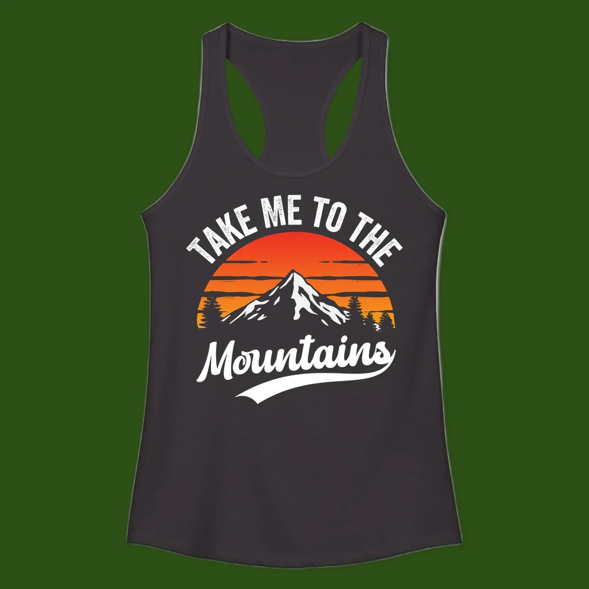 Vintage-style illustration of snow-capped mountain with sunset stripes and evergreen trees, text reading 'Take Me To The Mountains'