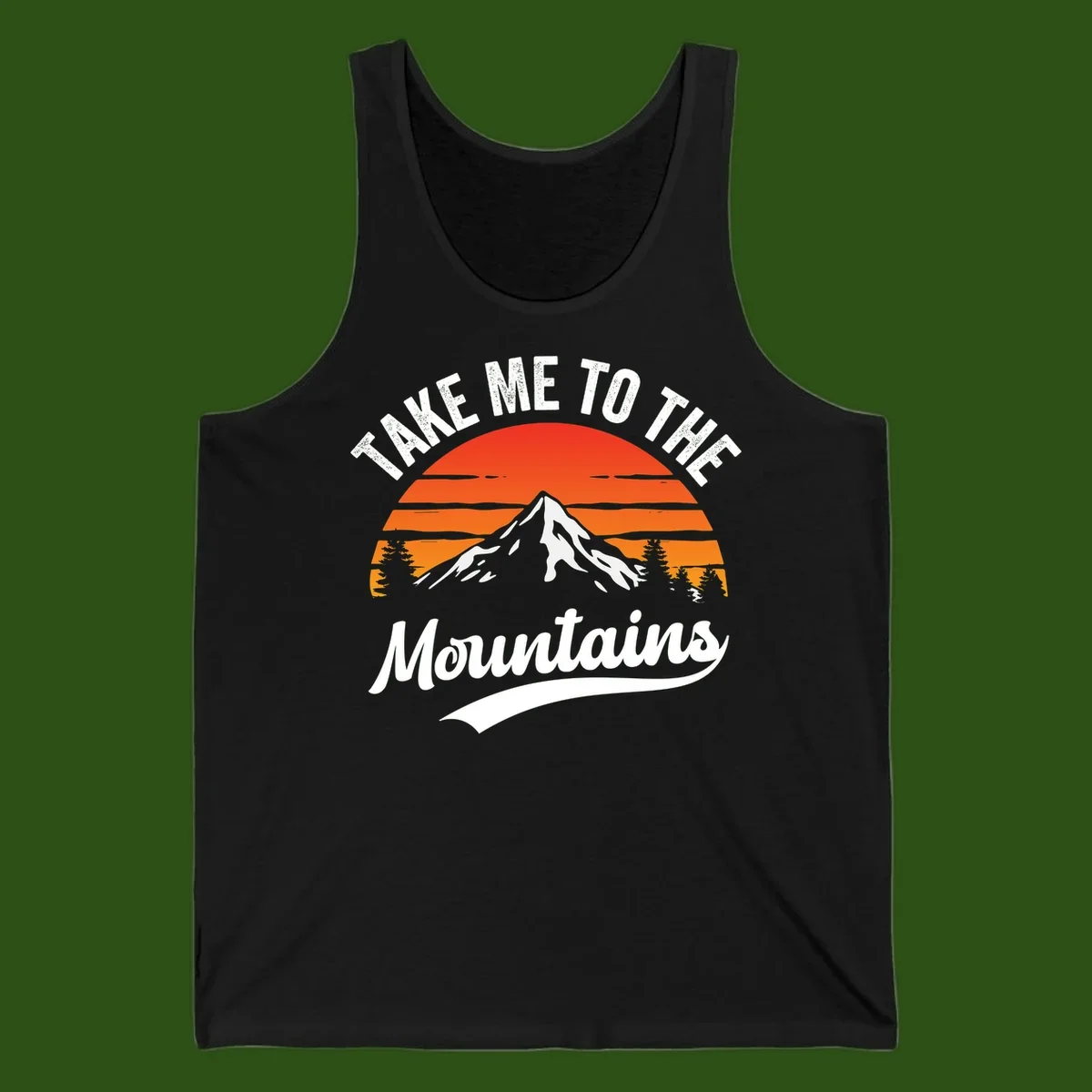Vintage-style illustration of snow-capped mountain with sunset stripes and evergreen trees, text reading 'Take Me To The Mountains'