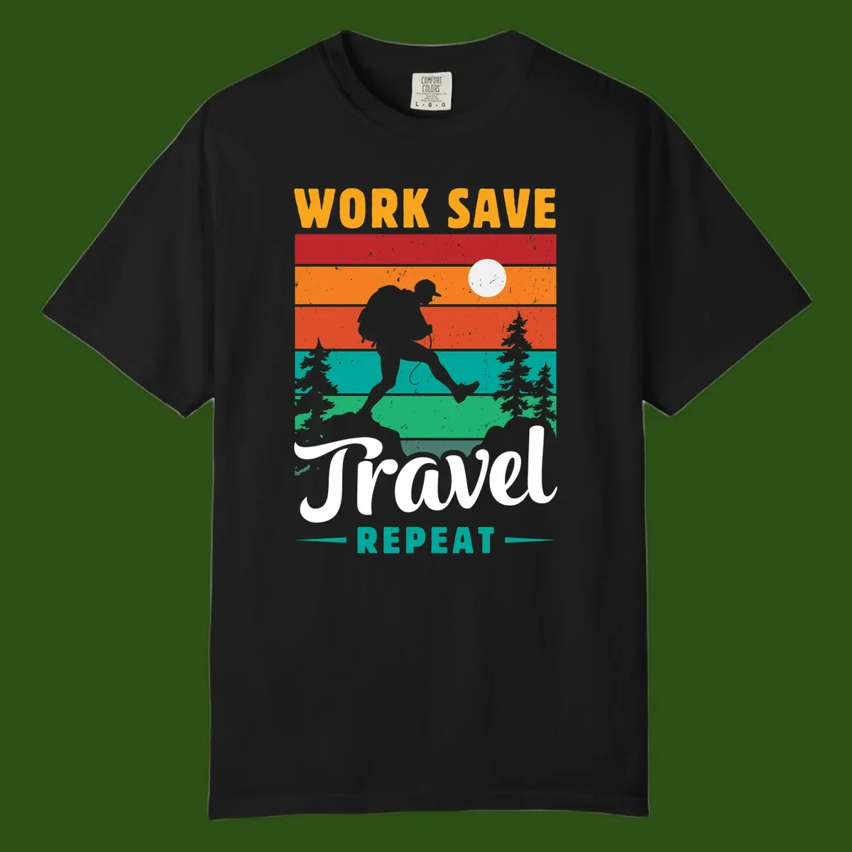 Silhouette of a backpacker hiking through layered landscape with trees and moon, text reads 'Work Save Travel Repeat'