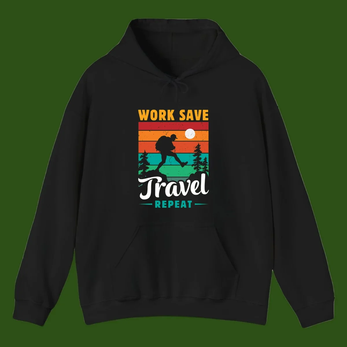 Silhouette of a backpacker hiking through layered landscape with trees and moon, text reads 'Work Save Travel Repeat'