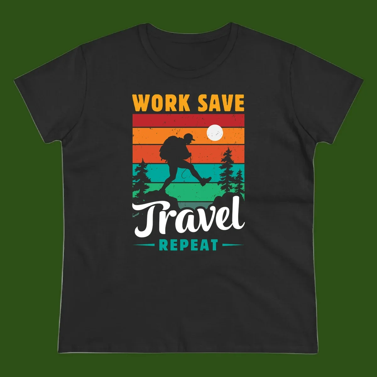 Silhouette of a backpacker hiking through layered landscape with trees and moon, text reads 'Work Save Travel Repeat'