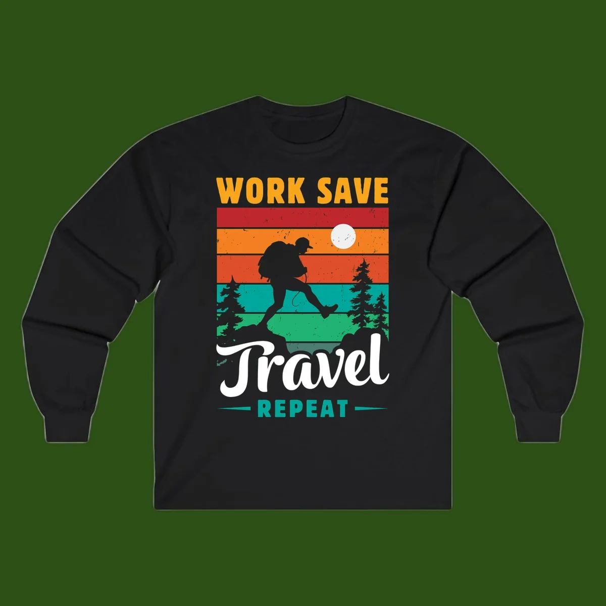 Silhouette of a backpacker hiking through layered landscape with trees and moon, text reads 'Work Save Travel Repeat'