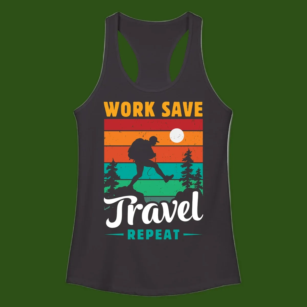 Silhouette of a backpacker hiking through layered landscape with trees and moon, text reads 'Work Save Travel Repeat'