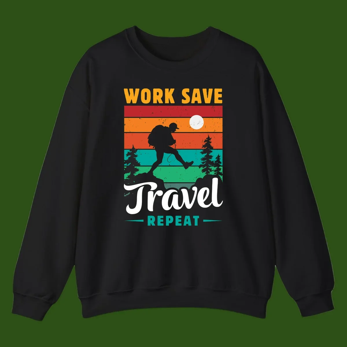 Silhouette of a backpacker hiking through layered landscape with trees and moon, text reads 'Work Save Travel Repeat'