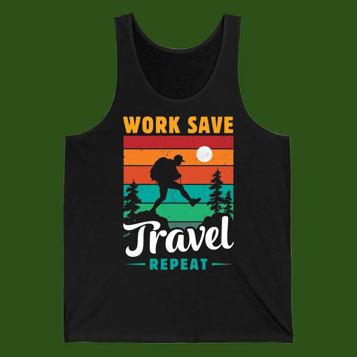 Silhouette of a backpacker hiking through layered landscape with trees and moon, text reads 'Work Save Travel Repeat'