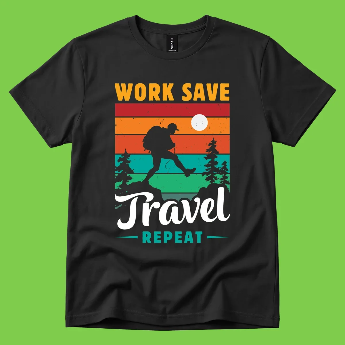 Silhouette of a backpacker hiking through layered landscape with trees and moon, text reads 'Work Save Travel Repeat'