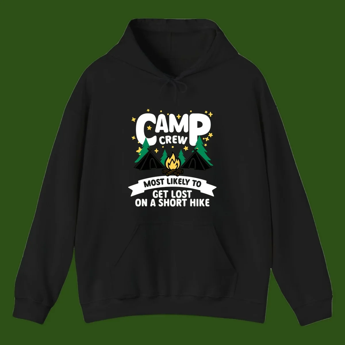 Camping design with 'Camp Crew' text, teepees, campfire, trees, and stars with banner reading 'Most Likely To Get Lost On A Short Hike'
