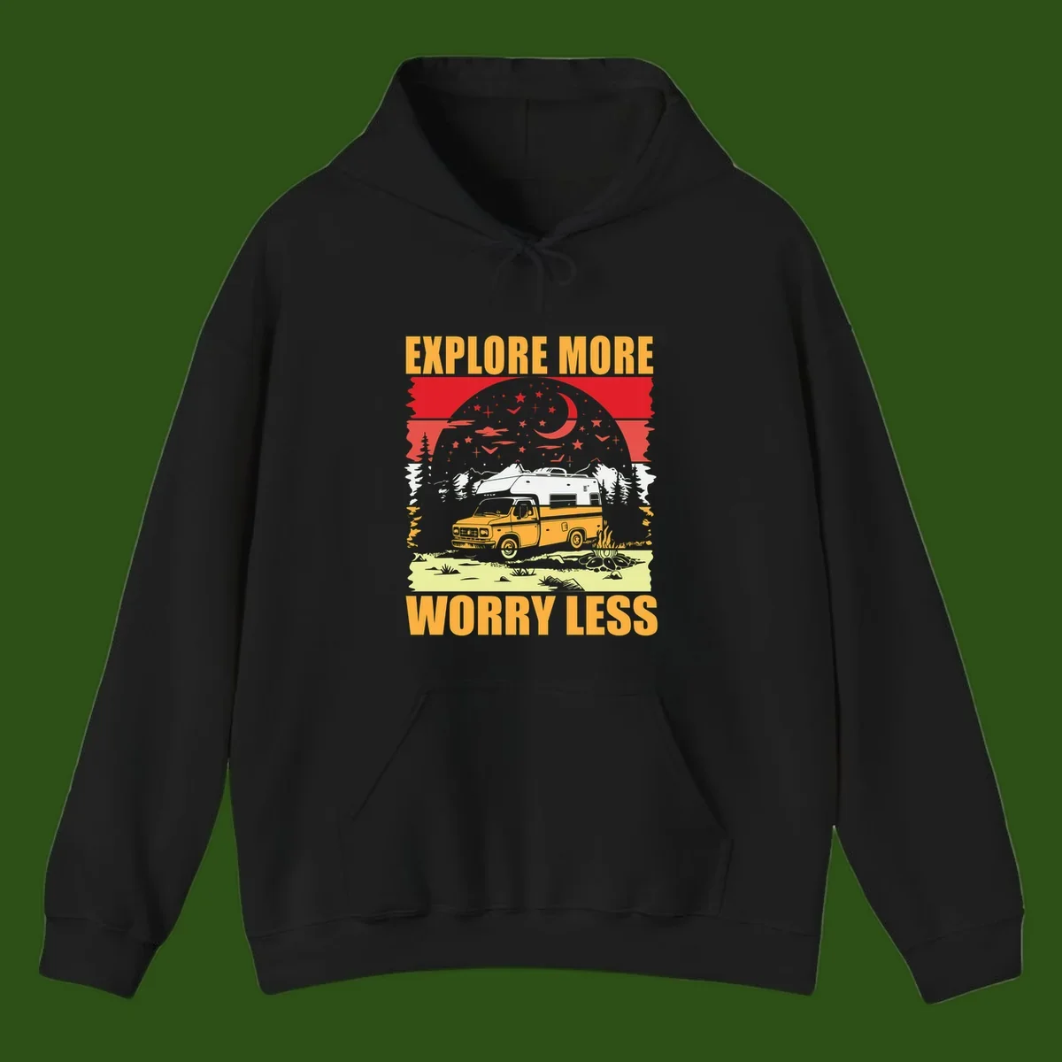 Retro camping illustration with pickup truck, camper trailer, campfire, and starry night sky surrounded by pine trees, with 'Explore More Worry Less' text