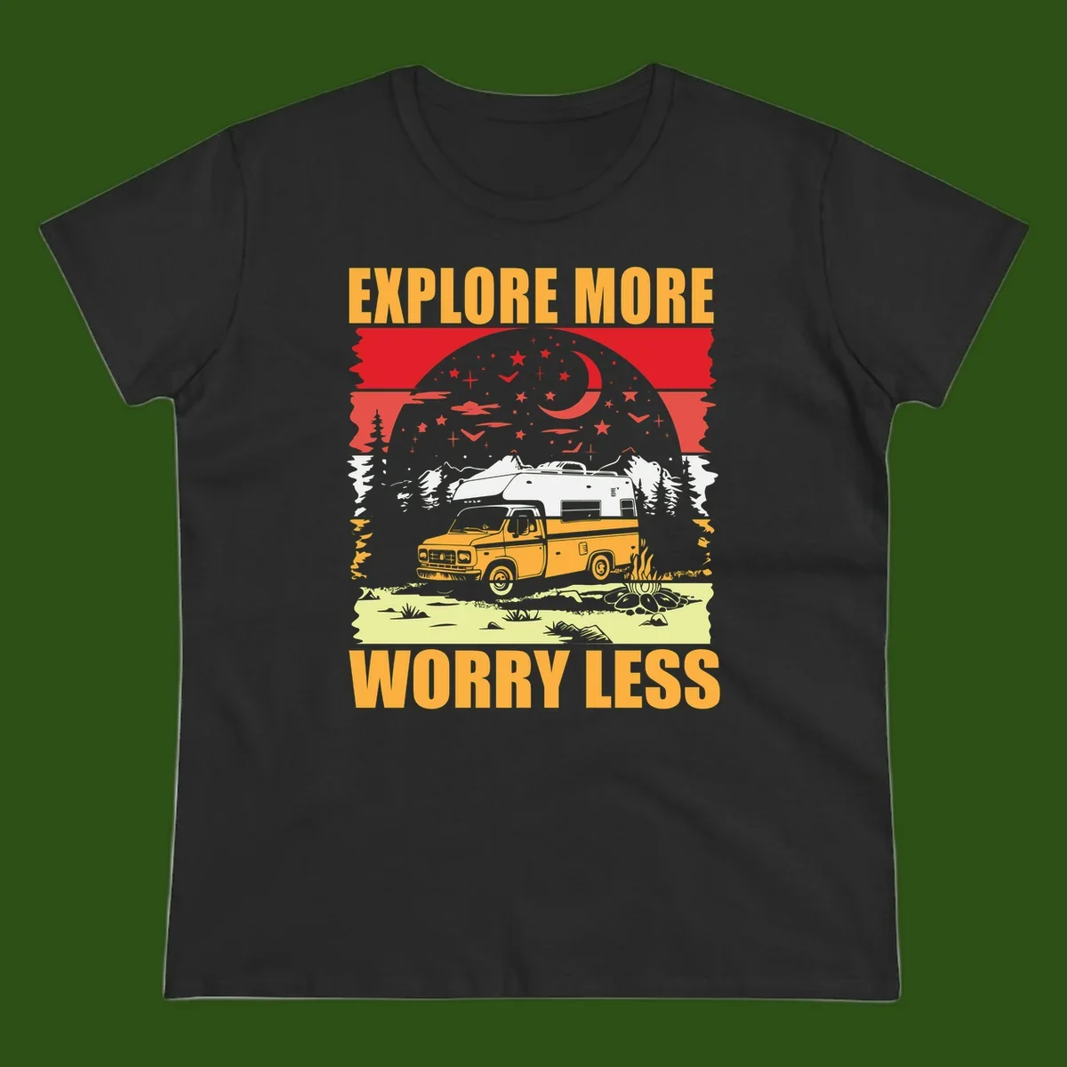 Retro camping illustration with pickup truck, camper trailer, campfire, and starry night sky surrounded by pine trees, with 'Explore More Worry Less' text