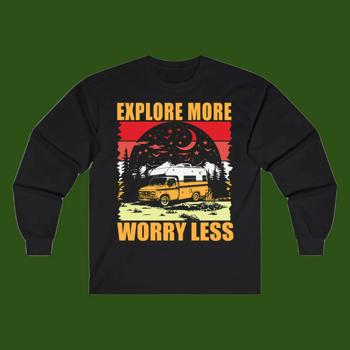 Retro camping illustration with pickup truck, camper trailer, campfire, and starry night sky surrounded by pine trees, with 'Explore More Worry Less' text