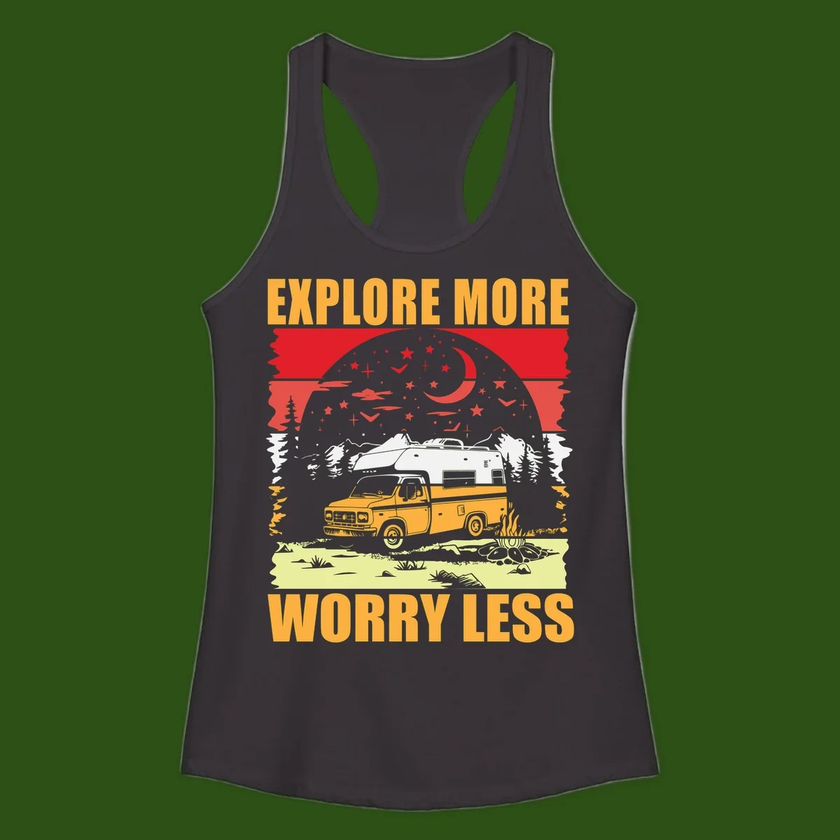 Retro camping illustration with pickup truck, camper trailer, campfire, and starry night sky surrounded by pine trees, with 'Explore More Worry Less' text