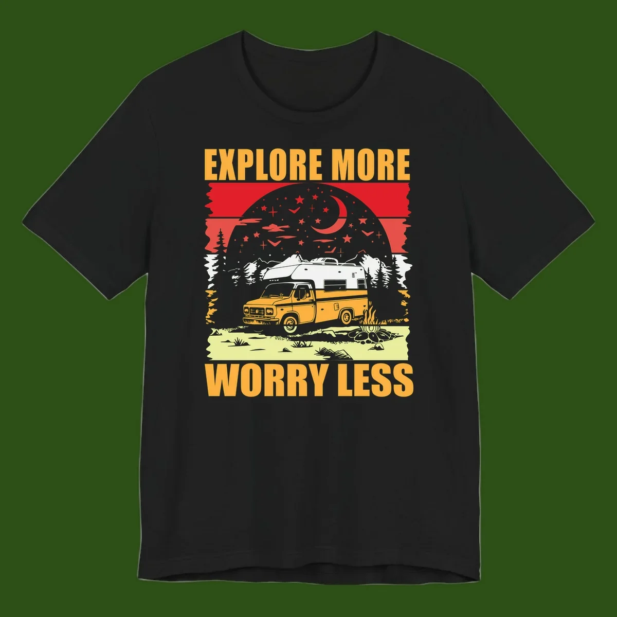 Retro camping illustration with pickup truck, camper trailer, campfire, and starry night sky surrounded by pine trees, with 'Explore More Worry Less' text