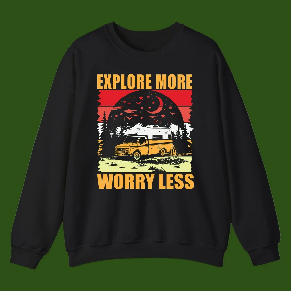 Retro camping illustration with pickup truck, camper trailer, campfire, and starry night sky surrounded by pine trees, with 'Explore More Worry Less' text