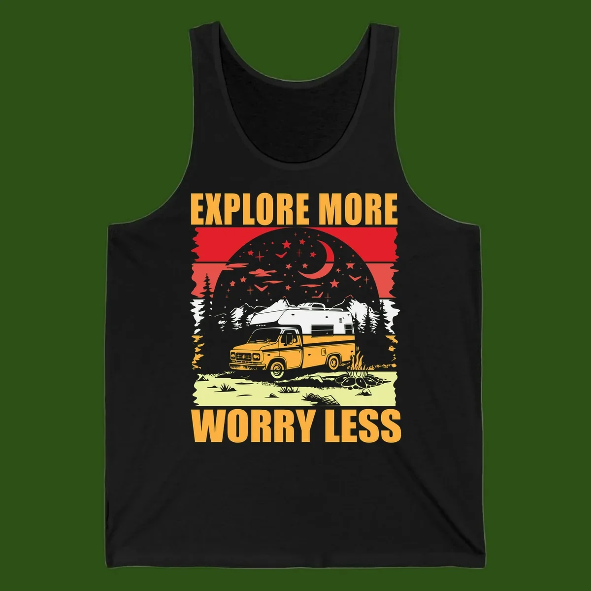 Retro camping illustration with pickup truck, camper trailer, campfire, and starry night sky surrounded by pine trees, with 'Explore More Worry Less' text