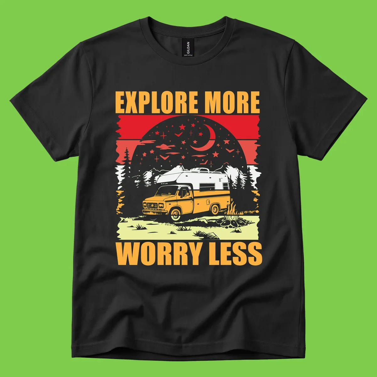 Retro camping illustration with pickup truck, camper trailer, campfire, and starry night sky surrounded by pine trees, with 'Explore More Worry Less' text