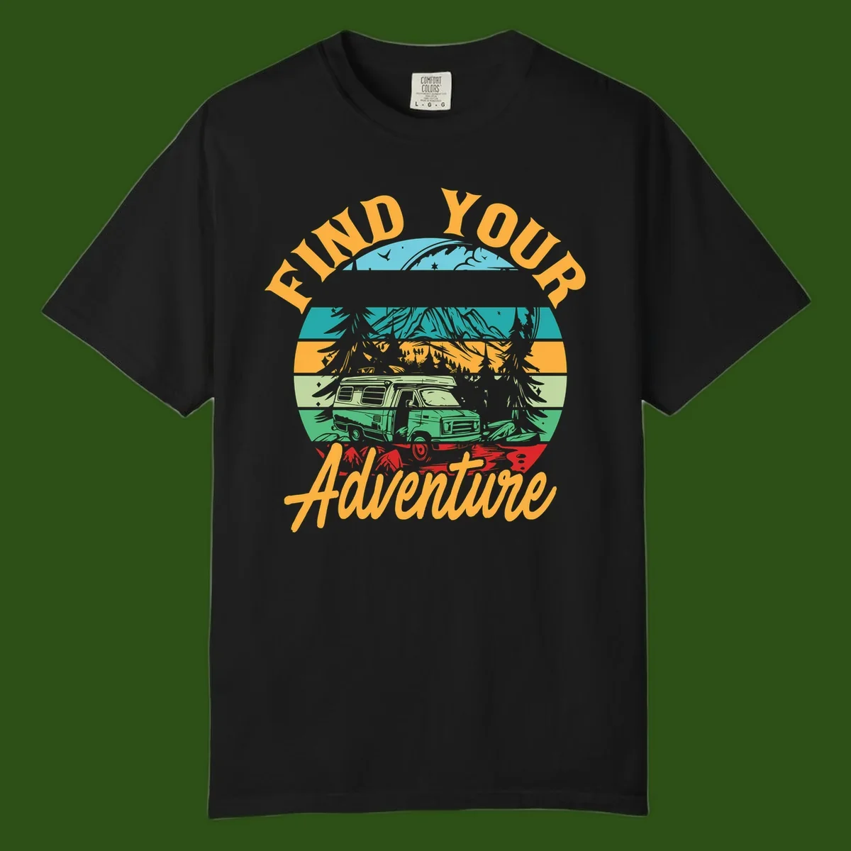 Retro illustration of camper van in mountains with 'Find Your Adventure' text, featuring colorful horizontal stripes and forest scenery.