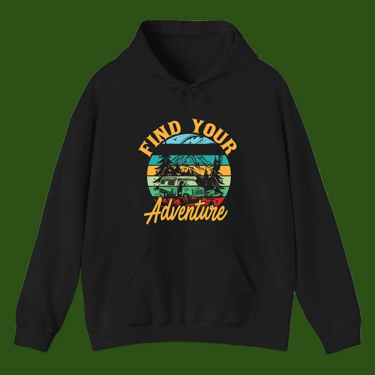 Retro illustration of camper van in mountains with 'Find Your Adventure' text, featuring colorful horizontal stripes and forest scenery.