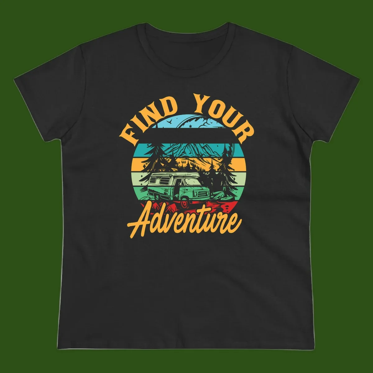 Retro illustration of camper van in mountains with 'Find Your Adventure' text, featuring colorful horizontal stripes and forest scenery.