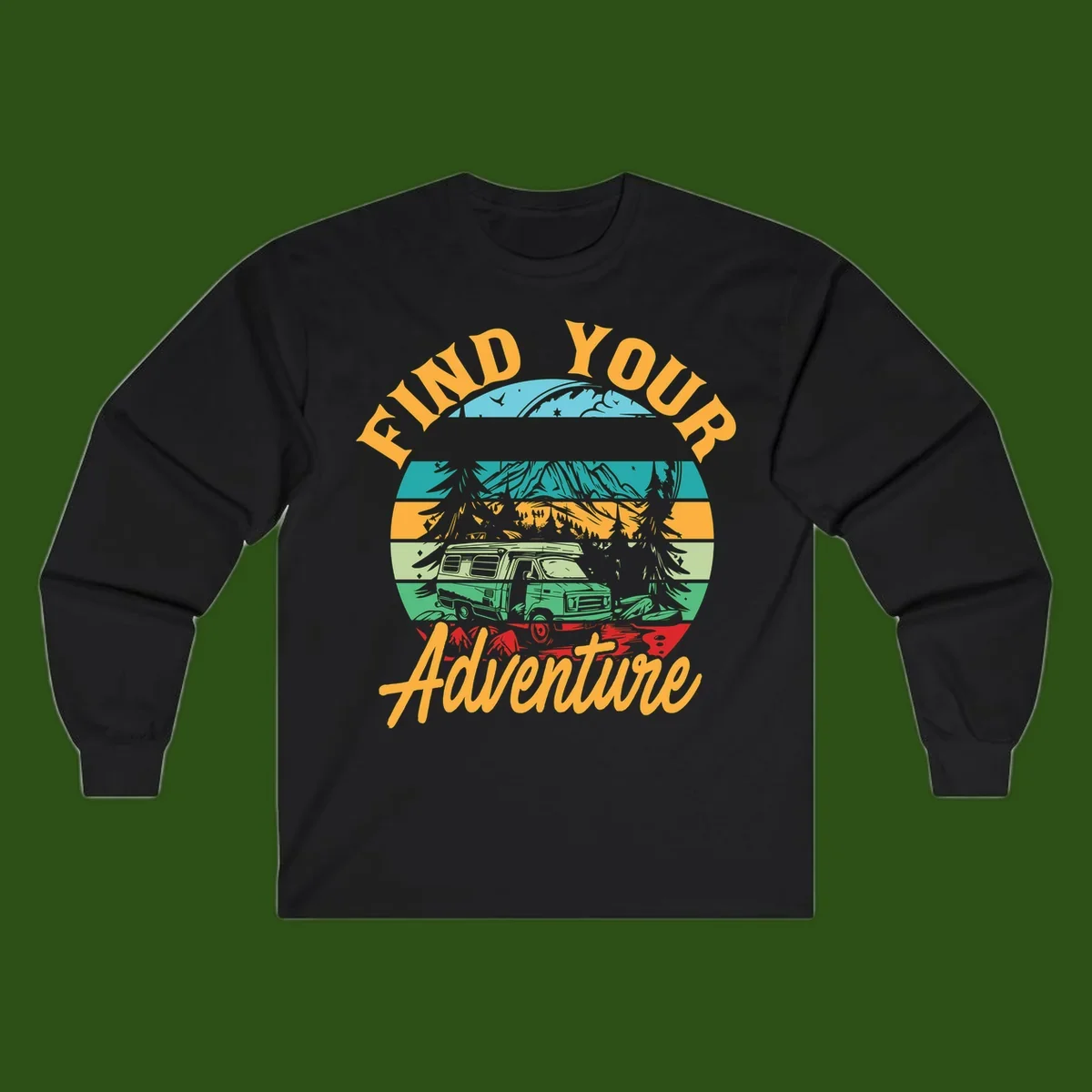 Retro illustration of camper van in mountains with 'Find Your Adventure' text, featuring colorful horizontal stripes and forest scenery.