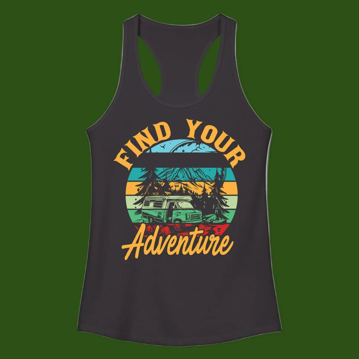 Retro illustration of camper van in mountains with 'Find Your Adventure' text, featuring colorful horizontal stripes and forest scenery.