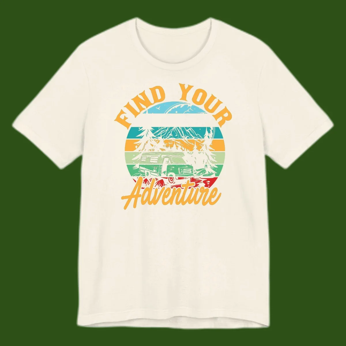 Retro illustration of camper van in mountains with 'Find Your Adventure' text, featuring colorful horizontal stripes and forest scenery.