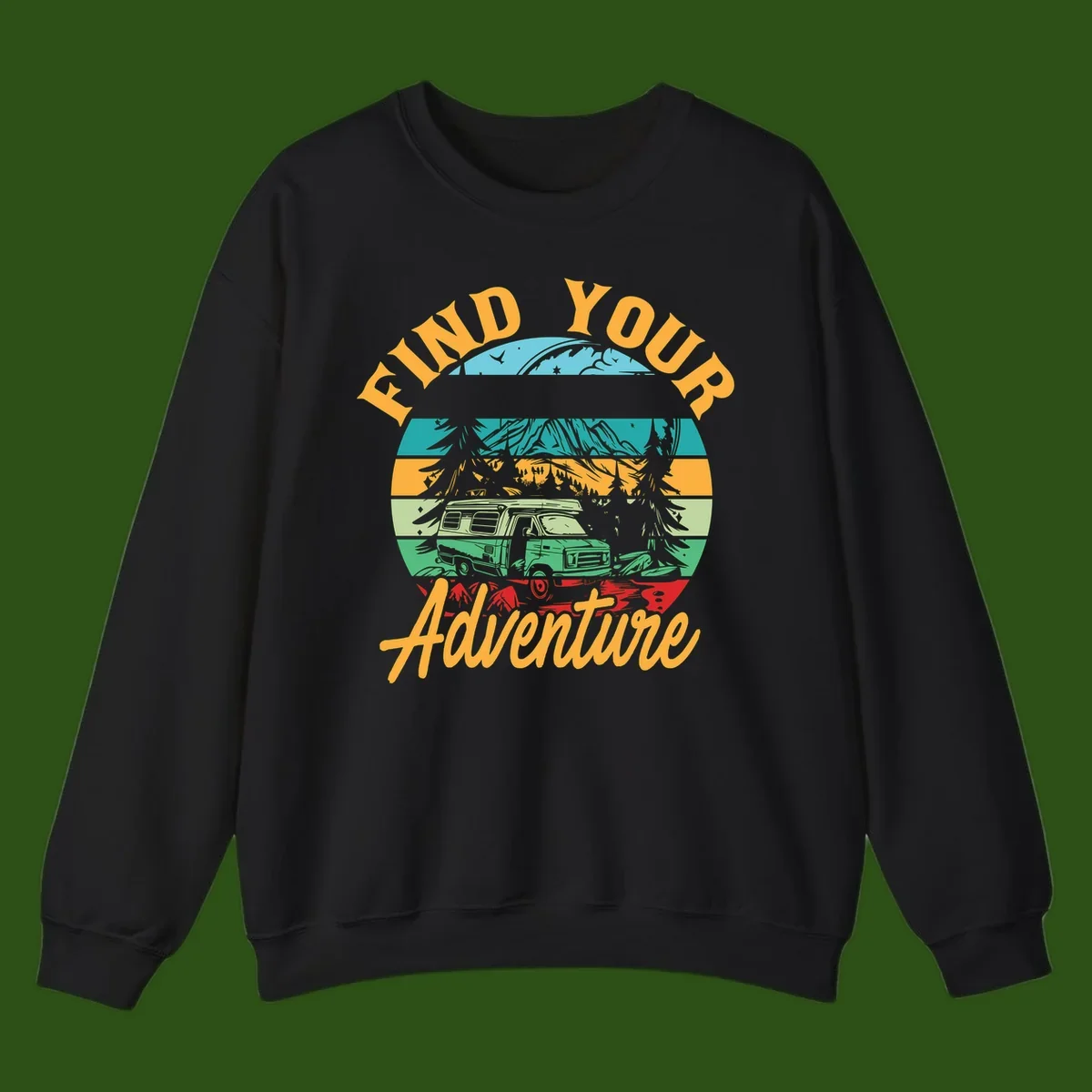 Retro illustration of camper van in mountains with 'Find Your Adventure' text, featuring colorful horizontal stripes and forest scenery.