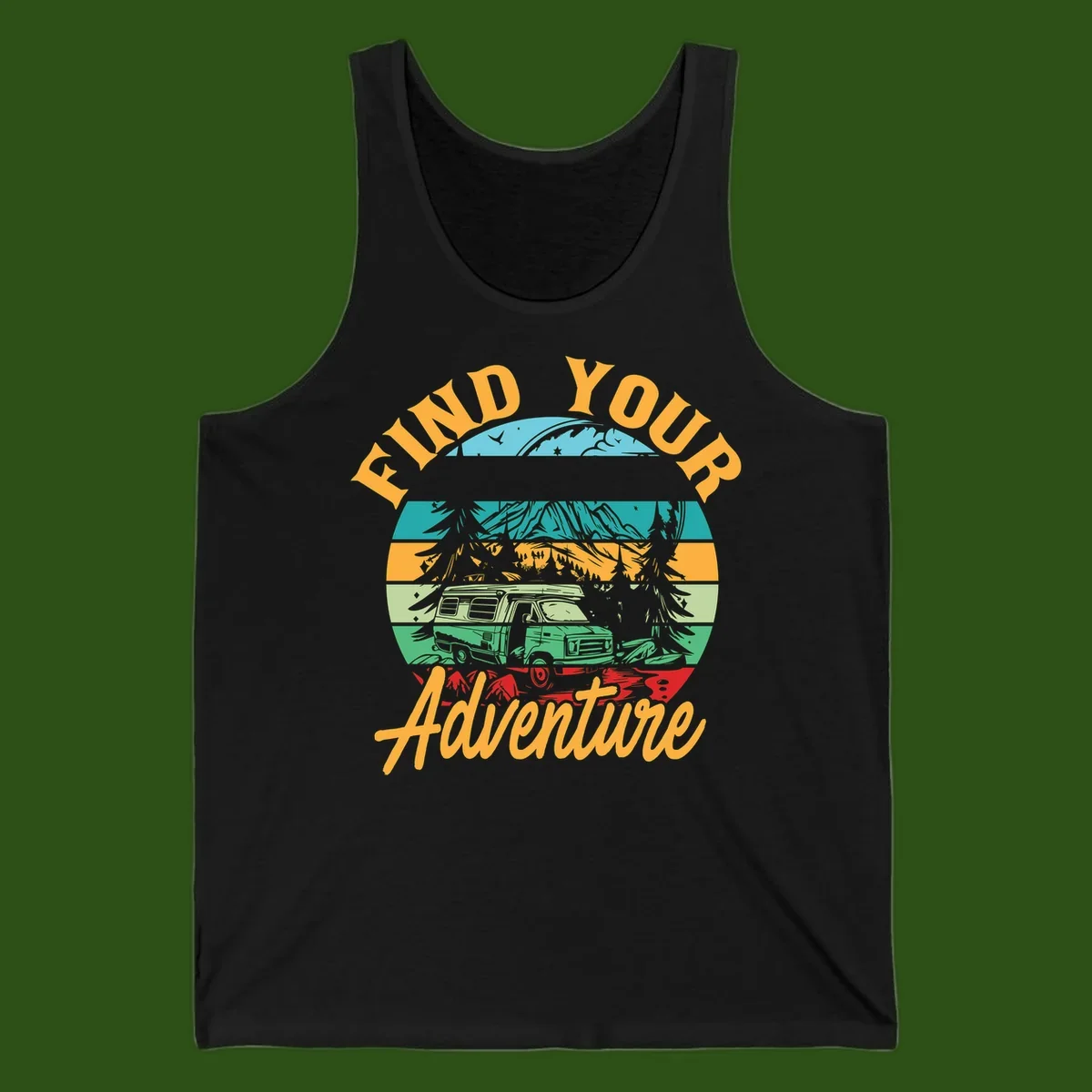 Retro illustration of camper van in mountains with 'Find Your Adventure' text, featuring colorful horizontal stripes and forest scenery.