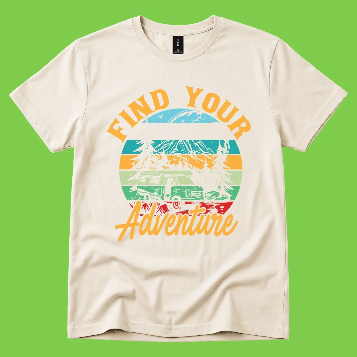 Retro illustration of camper van in mountains with 'Find Your Adventure' text, featuring colorful horizontal stripes and forest scenery.